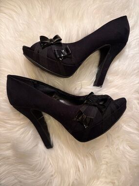 Eva & Zoe SuedeBlack Peep-Toe Bow Platform Heels - Women